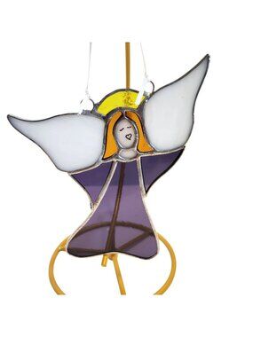Stained Glass Angel Ornament With Purple Dress & White Wings For Hanging Decor